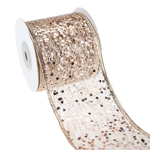 Dindosal Rose Gold Wired Ribbon 2.5 Inch Rose Pink Shimmery Glitter Metallic Ribbon Mesh Ribbon With Wired Edge For Wreaths Tree Topper Accent Bows Crafts Gift Wrap Holiday Decoration- 10 Yards (30Ft) #TOP2