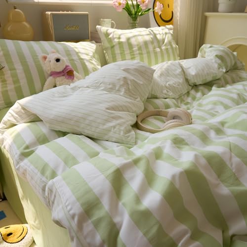 Image of EAVD Green Striped Duvet Cover King Soft Washed Microfiber Chic Vertical Striped Bedding Set with 2 Pillowcases Reversible Farmhouse Geometric Duvet Cover with Zipper Closure