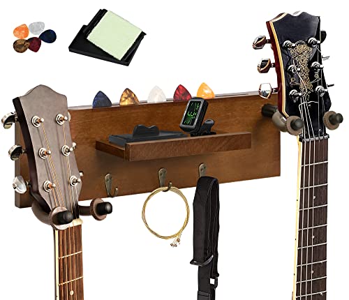 Autex Guitar Wall Hangers With Shelf And Pick Holder, Guitar Hanger Wall Mount With 2 Rotatable Rubber Hook, Guitar Holder For Acoustic, Electric Guitar, Bass, Ukulele #TOP19