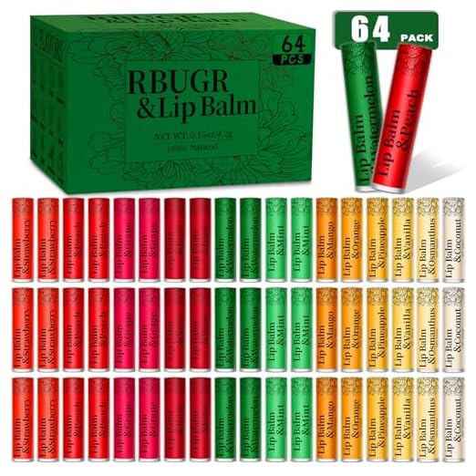 RBUGR 64 Pack of Lip Balm, 12 Flavored Lip Balms Pack, Natural Lip Balm Set with Vitamin E, Moisturising lips balm Bulk Gifts for Women Stocking Stuffers Party Favors(4.2g/0.15oz)