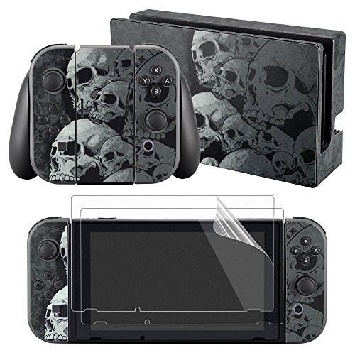 eXtremeRate Conjunto Completo de Pegatinas Cubierta Adhesiva Protectora Skin de Piel Kit de protección para Consola Joy-con Radiador de Nitendo Switch con 2 Protectores de Pantalla Calavera