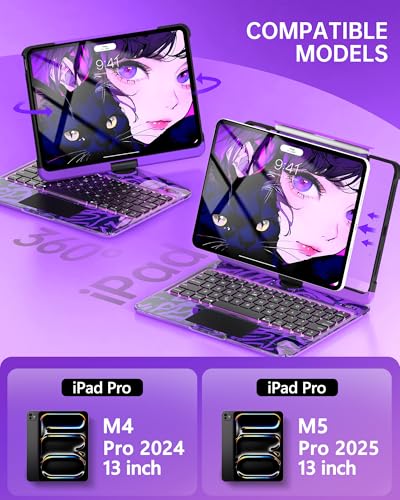 Image of Intermerge Transparent Case with Keyboard for iPad Pro 13 inch (M5 / M4,2025 /2024) 2024, 360 Multi-Touch Trackpad, 7-Color RGB Backlit Keyboard, Pencil Holder, Type-C, Power Indicator - Neon Pulse