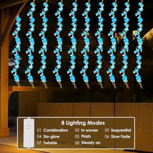 Image of Gesto Artificial Flower Curtain LED String Lights - 200 LED Warm White Fairy Lights with 8 Modes | AC Plug Mesh Curtain Lights for Balcony, Bedroom,Home,Diwali Decoration,Blue Hanging Lights (10x3 Ft)