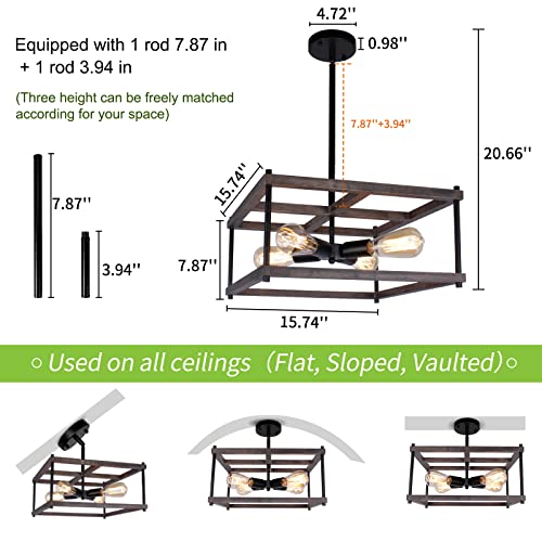 4-Light Farmhouse Semi Flush Mount Ceiling Light Fixture, Rustic Retro Wood Ceiling Light, Black Metal Industrial Farmhouse Ceiling Lights for Living Dining Room Hallway Kitchen Entryway - Image 5