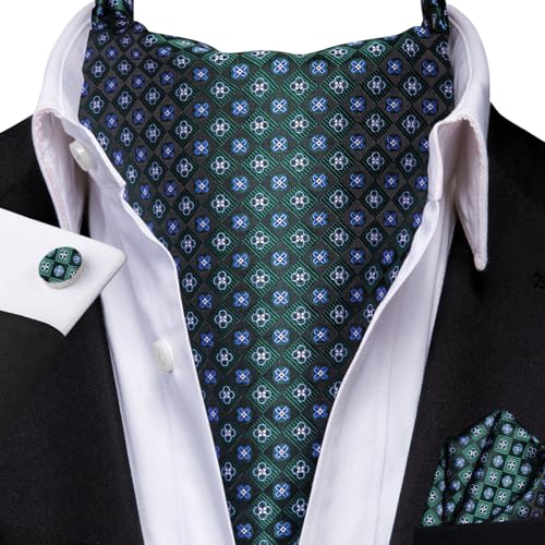 Image of Hi-Tie Silk Ascot for Men Self Tie Men's Cravat and Flower Lapel Pin Handkerchief Cufflinks Set for Wedding Party
