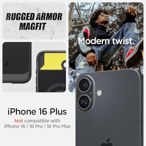 Image of Spigen Rugged Armor MagFit Back Cover Case for iPhone 16 Plus, MagSafe Compatible, Resilient Shock Absorption - TPU | Matte Black
