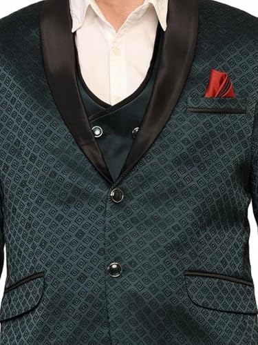 Image of Men's Navy Blue Jacquard Tuxedo Suit with Black Shawl Lapel, 3-Piece Formal Wedding Ensemble, Red Pocket Square