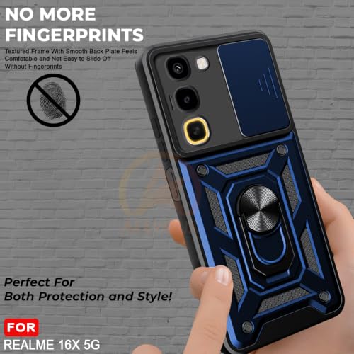Image of Armor Bumper Back Cover Case for Realme 16X 5G Rotating Camera Cover, Ring Holder & Kickstand | Heavy Duty & 360 Degree Protection Back Cover for Realme 16X 5G (Blue)