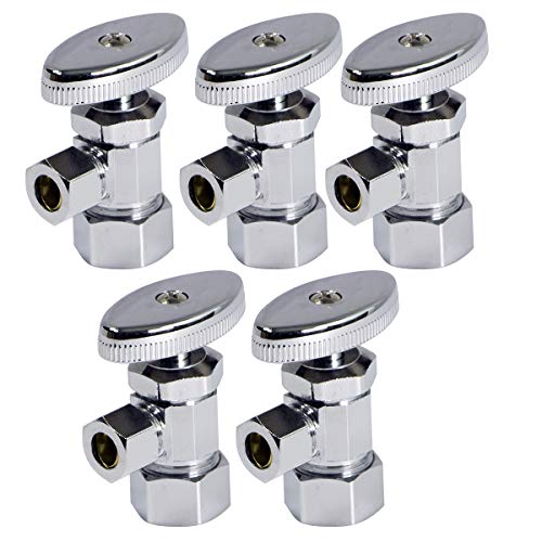 Image of Midline Valve 71358QS-OM-5 Water Supply Stop Valve with Multi-Turn Wheel; Angle Shut-off for Toilet, Sink, Dishwasher, Heater; 5 /8'' x 3 /8'' Compression; Chrome Plated Brass (5 PK)