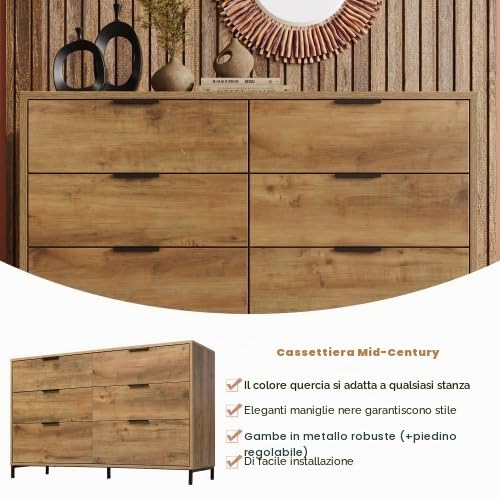 SogesHome Cassettiera con 6 cassetti, 120 x 40 x 76 cm, in rovere scuro