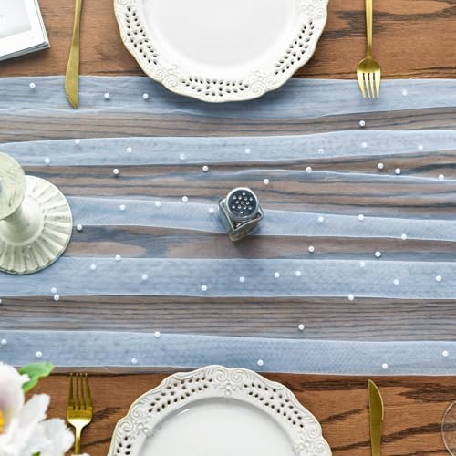 Artoid Mode 6PCS Pearl Blue Gauze Table Runner 120 Inch 10FT, Seasonal Sheer Dining Holiday Wedding Birthday Baby Shower Table Decor for Home Party by Artoid Mode - Used condition - Image 3