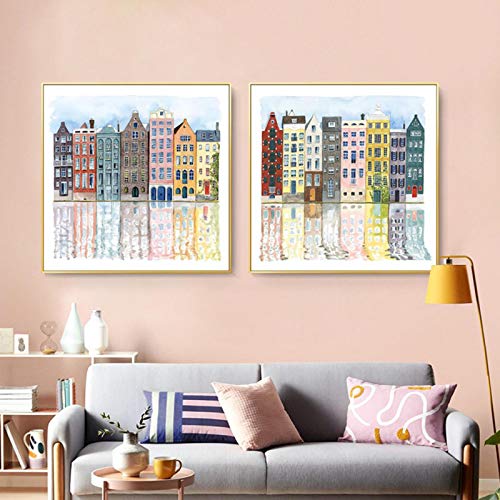 Peinture affiche mur art de prestige toiles aquarelle façades colorées d'Italie 40x40 cm