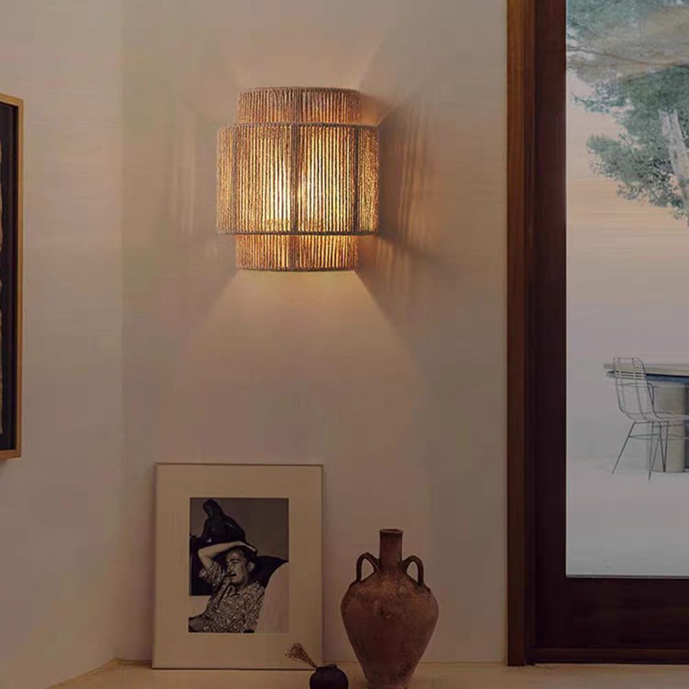 Innen Boho Wandleuchte Vintage Hanfseil Wandlampe Handgewebter Wandlicht aus Naturmaterial E27 Innen Dekoration Wandbeleuchtung Rattan Bambus für Wohnzimmer Schlafzimmer Heim Esszimmer