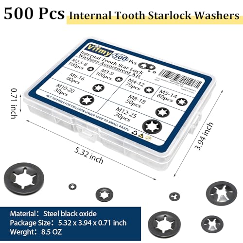 Vifmy 500 Stück Innenzahn-Sternscheiben, M2,5 M3 M4 M5 M6 M8 M10 M12 Schnellspann-Sicherungsscheiben-Sortiment-Kit, Stahl, Schwarzoxid-Finish, zum Aufstecken