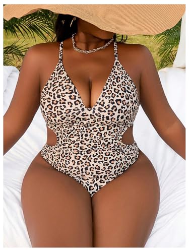 MakeMeChic Women's Plus Size One Piece Swimsuit Leopard Print V Neck Tie Back Criss Cross Bathing Suit4