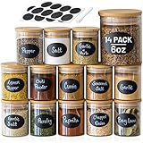 14 pc Glass Jars with Bamboo Lids (6oz) + Rewritable Label Set | Mini Clear Glass Airtight Spice Jars | Food Storage Containers for Home Kitchen, Tea, Herbs, Sugar, Salt, Coffee, Flour, Herbs, Grains