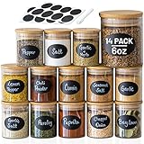 14 pc Glass Jars with Bamboo Lids (6oz) + Rewritable Label Set | Mini Clear Glass Airtight Spice Jars | Food Storage Containers for Home Kitchen, Tea, Herbs, Sugar, Salt, Coffee, Flour, Herbs, Grains