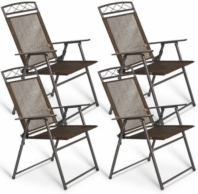 4X Coffee Folding Sling Chairs Steel FFor rame 250lb Capacity 22.4x26.8x36.6in Textilene UV-Resistant Patio Chairs with Armrests