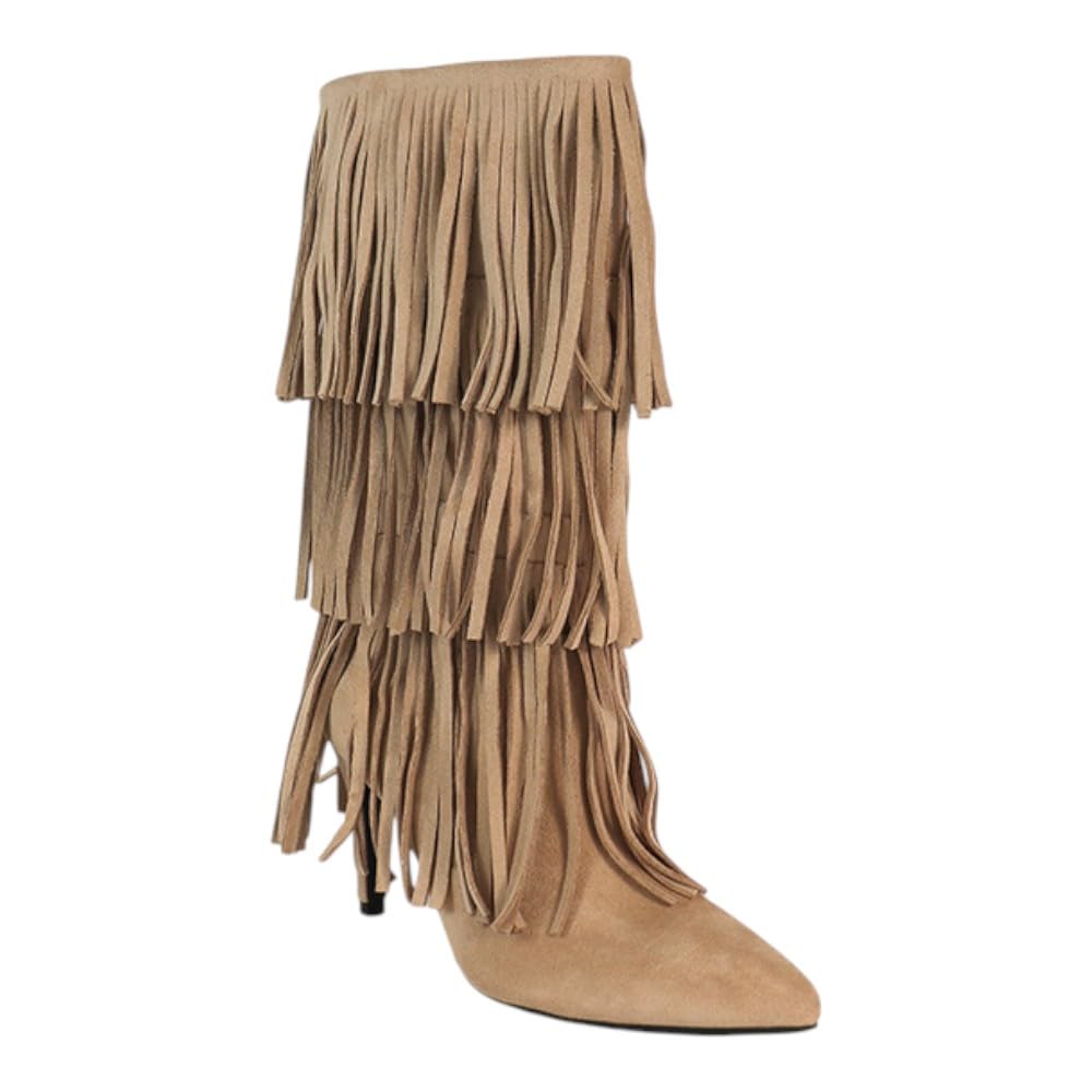 Womens Fringe Boots High Heel Pointed Toe Mid Calf Boots