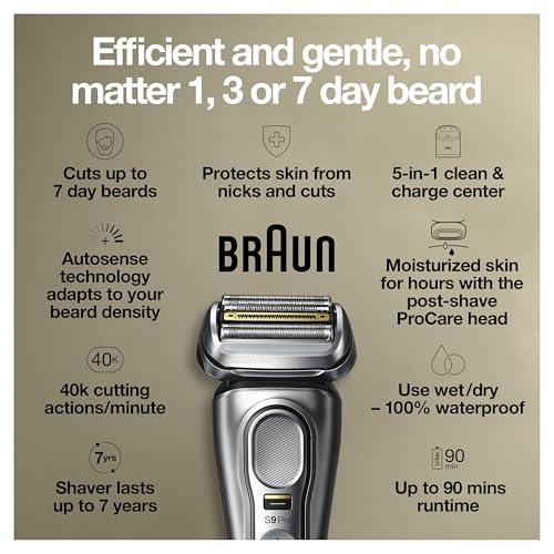 Image of Braun Series 9 Pro 9487cc Electric Razor for Men, Wet & Dry, Rechargeable, Electric Shaver with Clean & Charge Station and ProCare Attachment w / Clean & Renew Refill Cartridges CCR, 3 Pack