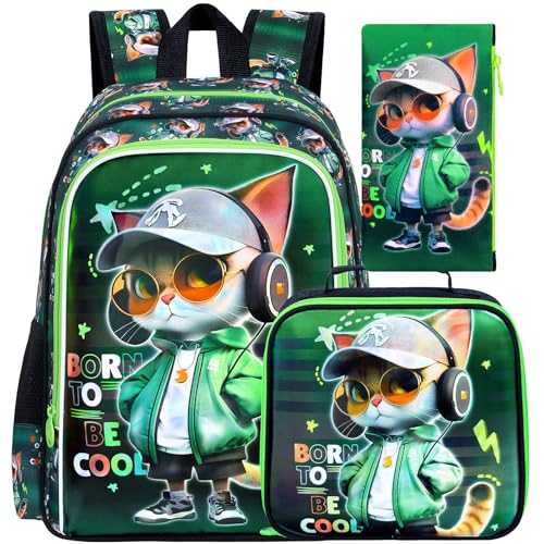 Image of CCJPX 16 inch Cat Backpack for Boys, 3PCS Kids Water Resistant Preschool Bookbags, Cool Kindergarten School Backpacks and Lunch Box