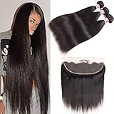 Pizazz Hair Brazilian Straight Hair 3 Bundles With Frontal Closure 13x4 Ear To Ear Lace Frontal With Bundles 9A Unprocessed Virgin Human Hair Bundles with Closure (12 14 16+10(13x4))