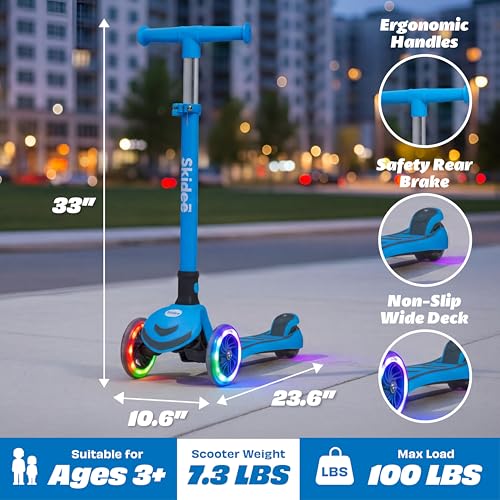 Image of SKIDEE Kick Scooter for Kids Ages 3-5 | Foldable 3 Wheel Scooter with Lean-to-Steer, Adjustable Height, Removable Seat & LED Light Wheels | Toddler Scooter Up to 12 Year Old Boys /Girls
