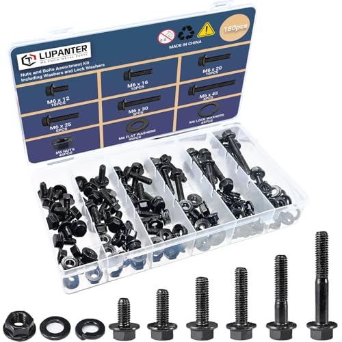 Image of 180Pcs M6 Metric Flange Bolt Assortment, M6x1.0, (12mm to 40mm) Assorted Hex Bolts and Nuts Washers Kit for Automotive, 10.9 Black Zinc Galvanized