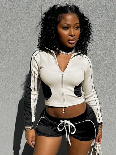 Uni Clau Two Piece Sets for Women Casual Long Sleeve Crop Top Zipper Jacket Shorts Set Workout Sets Lounge Set Tracksuit4