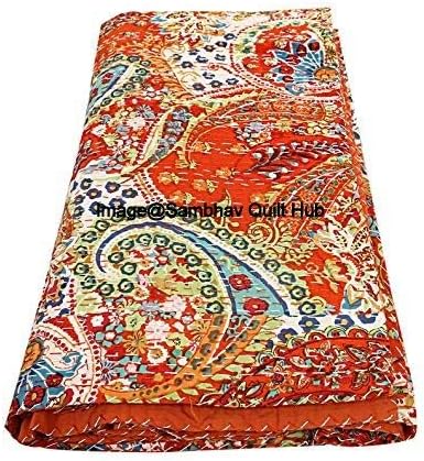 Queen/Twin/King Quilting Indian Handmade Paisley Print Kantha Quilt Cotton Kantha Blanket Bed Cover Sofa Cover Kantha Bedspread Bohemian Bedding (60X90 inch)
