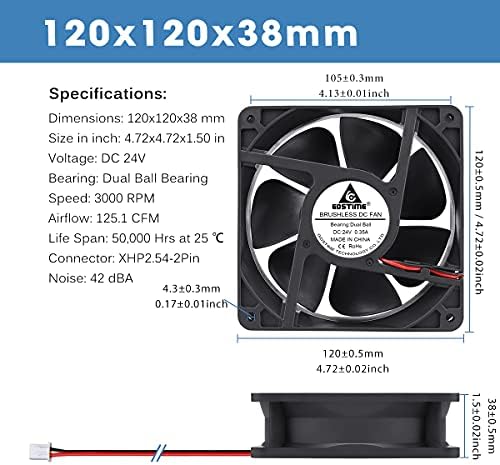 GDSTIME 120mm Fan DC 24V Fan 12038 Dual Ball Bearing 3000 RPM Cooling Fan 120 x 38mm Case Fan 12CM Axial Fan 125.1 CFM Big Airflow For PSU Workstation Cabinet Server Ventilation Fan Replacement