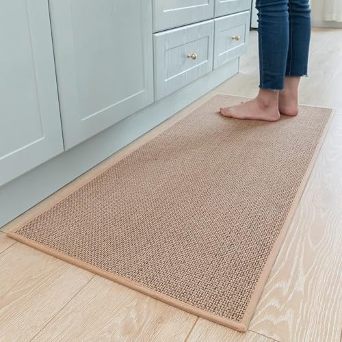 ZZWILLB Kitchen Rug Sets and Mats Non Skid Washable, Absorbent Runner Rugs for Kitchen Floor, Front of Sink, Beige, 44×180cm