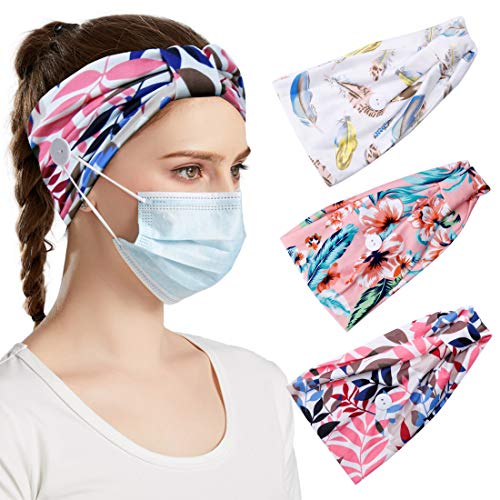 Halloween Headband With Buttons For Måsk, Button Headbands For Nurse Doctor Girls Yoga Running Sports Elastic Headbands With Button,Fashion Soft Non Slip Button Hair Band For Women (Wht Pink Rose-3Pcs) #TOP13