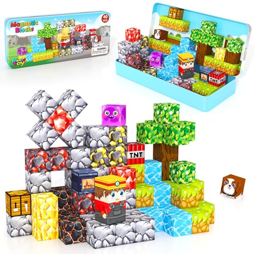 Minecftoy Mini Magnetic Blocks Tiles Travel Essentials Toddler Toys with Case, Kids Games Montessori Sensory Building Blocks Toys for 3+ Year Old Boys Girls Christmas Birthday Gifts