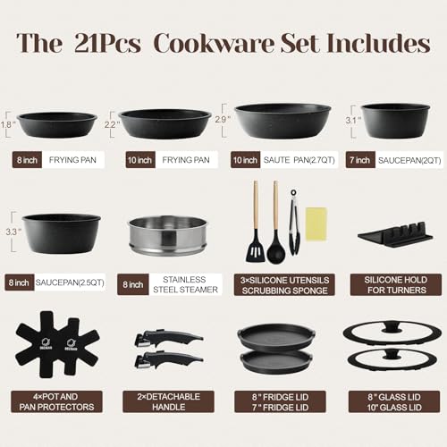BECIGAR 21PCS ceramic cookware set,Nonstick ceramic pan, Removable Handle pots and pans set, Stackable Set, Nonstick Pots and Pans Non Stick(Black) - Image 2