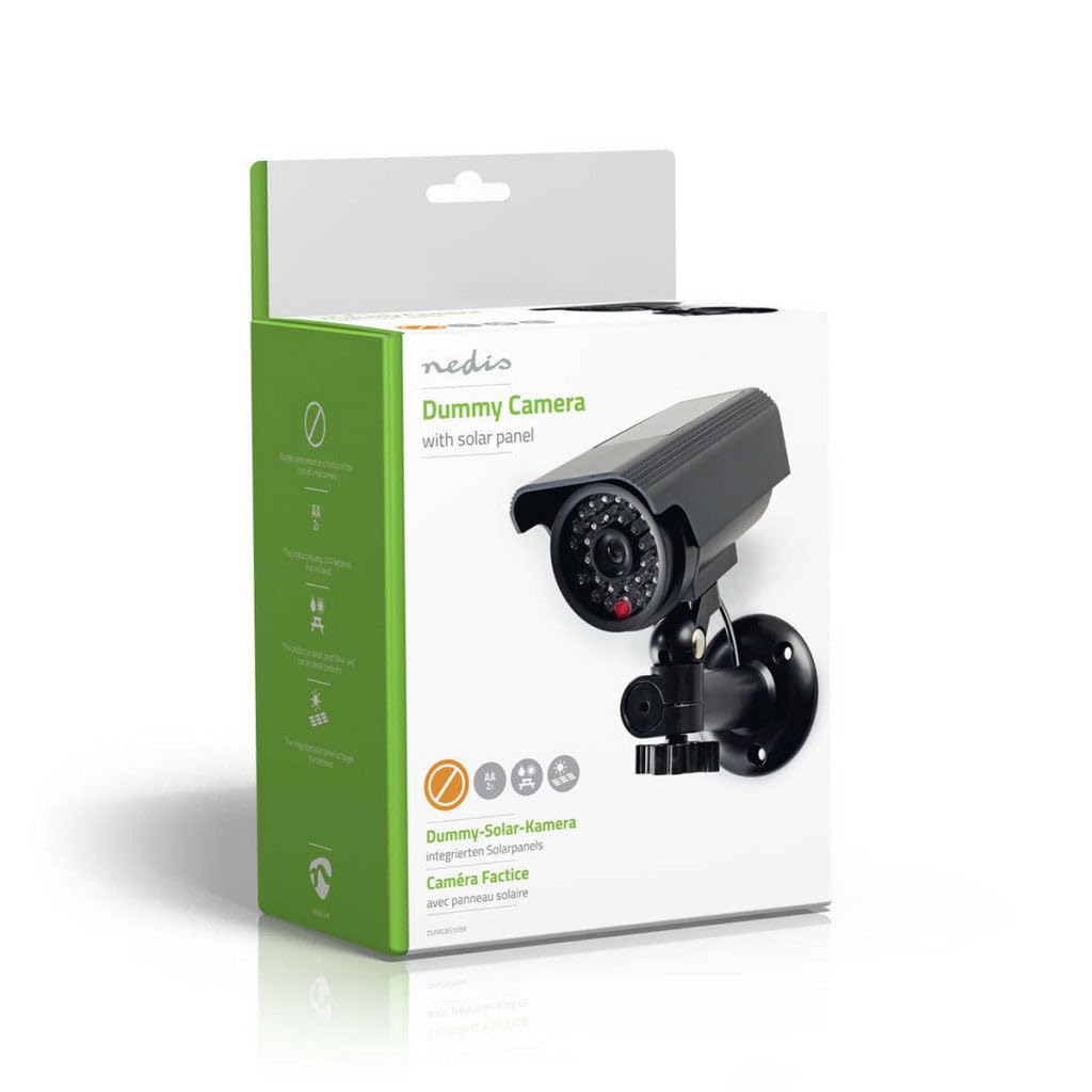 Nedis Telecamera di sicurezza finta per esterni, alimentata a energia solare, con LED lampeggiante e design a proiettile IP44, colore nero