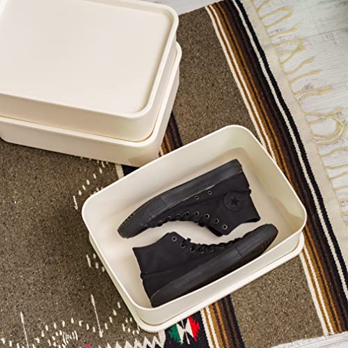 Iris Usa Plastic Modular Basket Bin & Lid, Medium, 4-Pack, Stackable Lidded Storage Organizer Bins For-Kitchen-Bathroom And Bedroom, Off White #TOP4