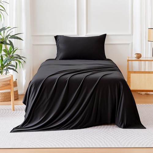 Image of Amazon Basics Jersey Knit 3-Piece Sheet Set, Wrinkle Free and Easy Fit, Includes 16 inch Deep Pocket Fitted Sheet, 1 Flat Sheet and 1 Pillowcase, Twin, Black