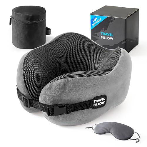 Image of Neck Pillow Travel Pillow - 100% Pure Memory Foam Airplane Pillow with Adjustable Clasp & Removable Cover, Portable Travel Essentials for Long Flights, Car & Office (Light Gray, with Eye Mask)