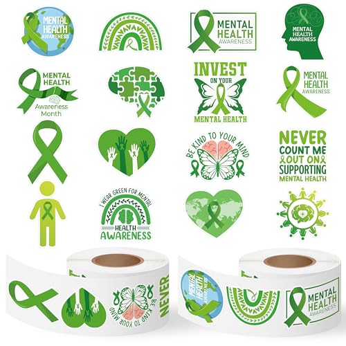 Image of Mental Health Awareness Stickers - 1000 Pcs Green Ribbon Mental Health Awareness Month Waterproof Vinyl Reusable Laptop Stickers Coloring Scrapbook Water Bottle Page Activity Pad Party Favors