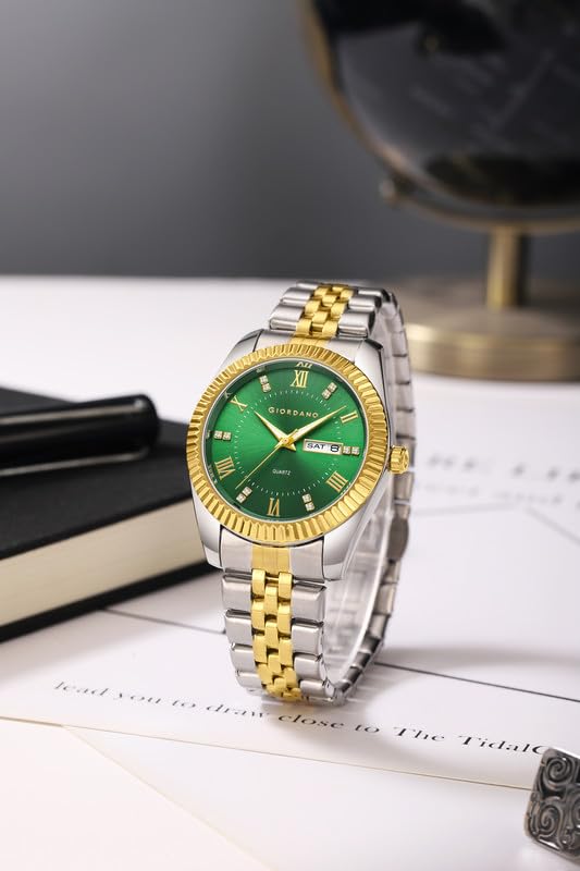 Image of Giordano Analog Watch for Men - Luxury Two-Tone Stainless Steel Strap, Gold Accents, Crystal Hour Markers, Fluted Bezel, and Day-Date Display