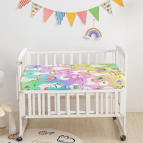 Image of Rainbow Alpaca Printed Nursery Crib Bedding Set, 3pcs with Comforter, Crib Sheet & Crib Skirt for Baby Boys and Girls