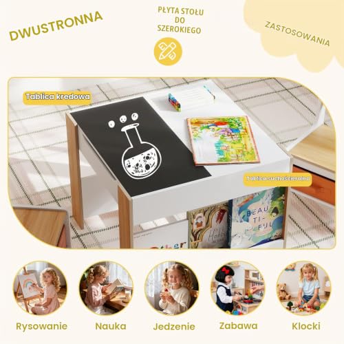 COSTWAY Stolik dziecięcy z 2 krzesłami, 3-częściowy zestaw mebli dziecięcych z drewna z odwracalnym blatem, regał na książki i pudełka, stolik do malowania dla dzieci z miejscem do przechowywania dla