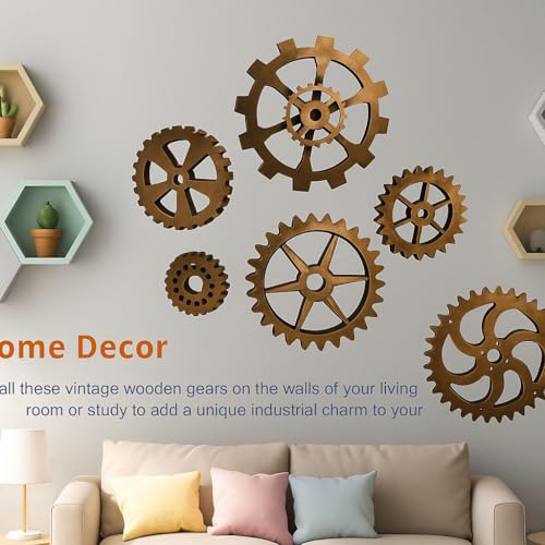 6 Piece Extra Large Vintage Wooden Gears Wooden Gears Wheels with Rustic Metal Look - Industrial Style Wall Decor Set for Home, Bar, Cafe, and DIY Crafts by AMQUAL - Image 6
