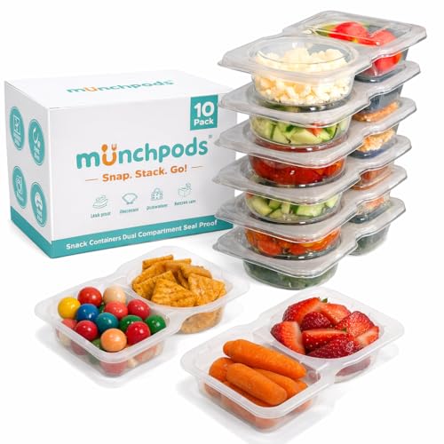 Munchpods Reusable Snack Containers with Lids 10Pcs, Portion control containers, Snack Pack Containers,2 Double Compartment Snack Containers for Kids On the Go Meals, Camping Condiment Snack Tray Prep