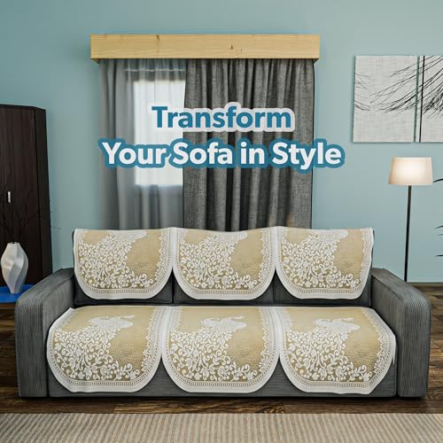 Image of Kuber Industries (Set of 6) Stylish & Durable Cotton Sofa Covers 3 Seater | Washable Sofa Protector /Mat | Suitable Slipcover for Living Room & Office | Peocock Design - Cream