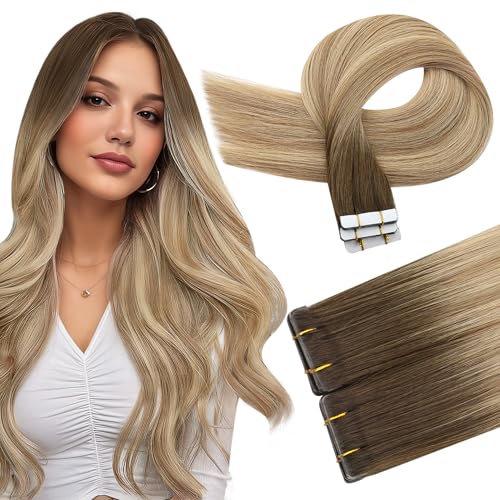 Image of Full Shine Skin Weft Tape in Hair Extensions Human Hair Balayage Color 3 /8 /22 Insert Machine Remy Tape in Virgin Extensions 25Gram Injection Tape Ins Human Hair Extensions 10Pcs 20Inch