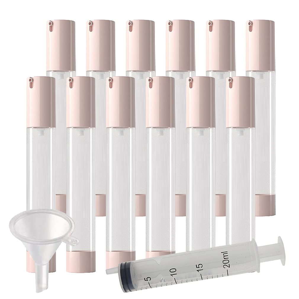 TIANZD 12Pcs Empty 30ml Airless Pump Bottles Transparent/Pink Plastic Vacuum Lotion Containers Dispenser for Cosmetic Foundation Lotion Gel Travel Refillable - No Straw Required, with Syringe Funnel