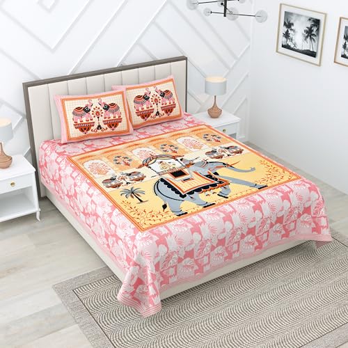 Image of RajasthaniKart Pure 100% Cotton Double Bed Sheet with 2 Pillow Covers (Bedsheet for Double Bed Cotton, Maharaja Elephant Jaipuri, King Size,5303)