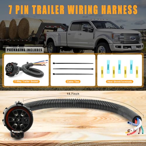 Image of Zhushan 7 Pin Trailer Wiring Harness, OEM USCAR Connector for Ford F150, Chevy Silverado, GMC Sierra, Dodge Ram, 7-Way Splice-in Hitch Socket Pigtail, 12-16 AWG Copper Wire & Flex Tubing